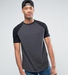 Asos Tall Longline T-shirt With Contrast Raglan Sleeves And Curved Hem In Gray/black - White