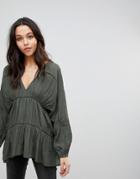 Asos V-neck Smock Top With Lace Insert - Green
