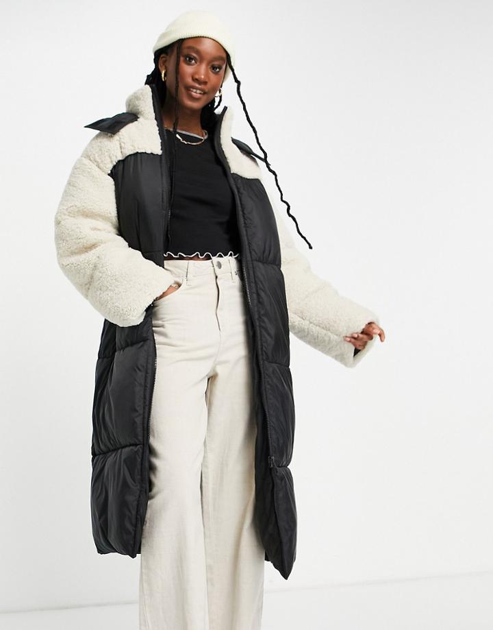 Asos Design Longline Sherpa Maxi Coat In Black-multi