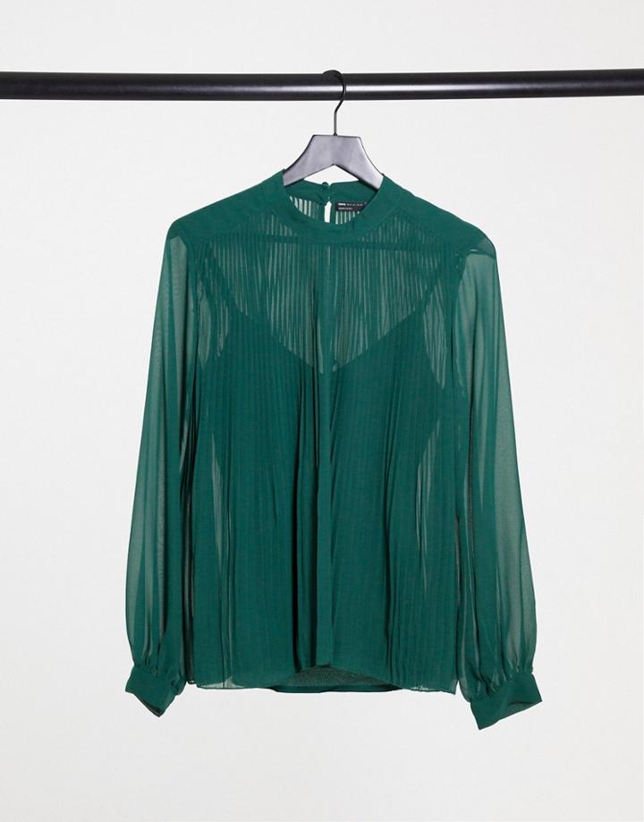 Asos Design Long Sleeve Pleated Trapeze Top In Forest Green-red