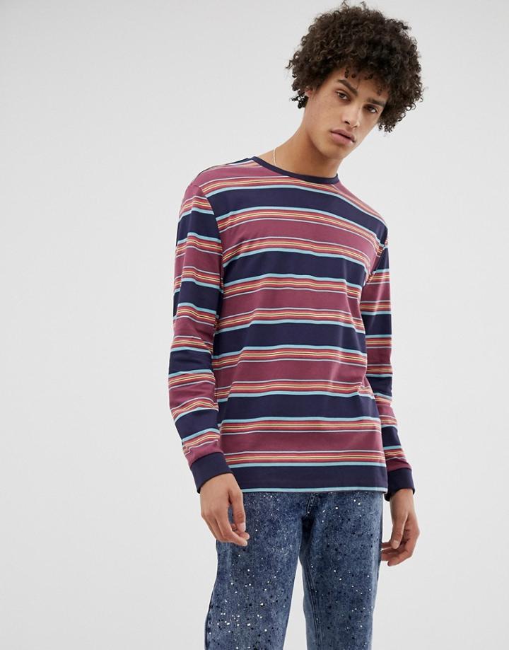 Asos Design Organic Cotton Relaxed Long Sleeve T-shirt With Retro Stripe-red