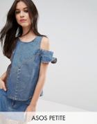 Asos Petite Denim Top With Jacquard And Ruffle Sleeves Co-ord - Blue