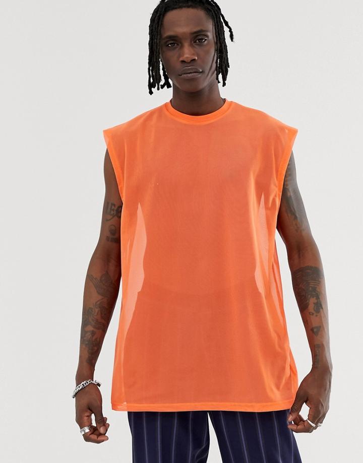 Asos Design Oversized Longline Sleeveless T-shirt In Fine Mesh In Orange - Orange