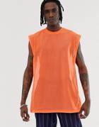 Asos Design Oversized Longline Sleeveless T-shirt In Fine Mesh In Orange - Orange