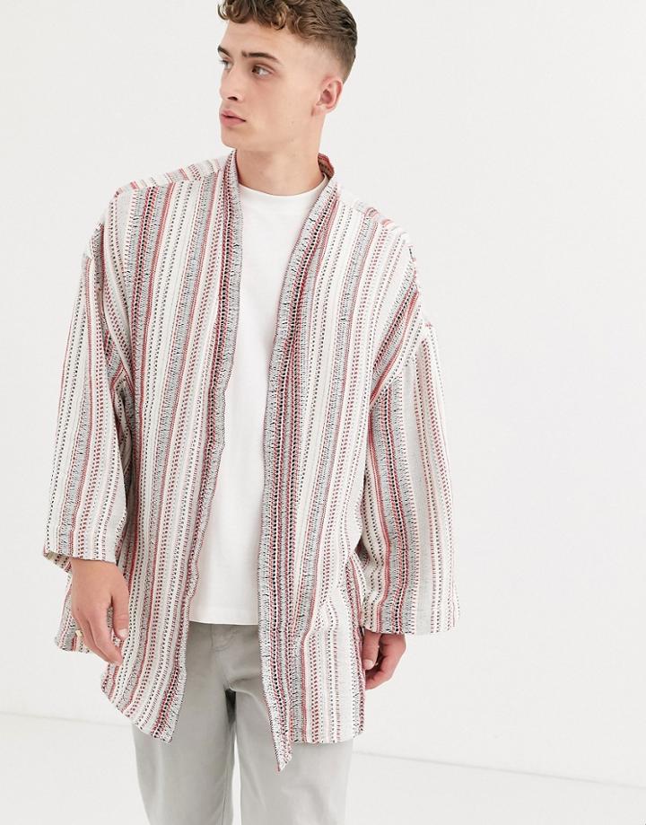 Asos Design Textured Kimono In Ecru Stripe-white