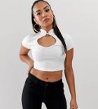 Asos Design Petite Top With Open Neck And Mandarin Collar - White