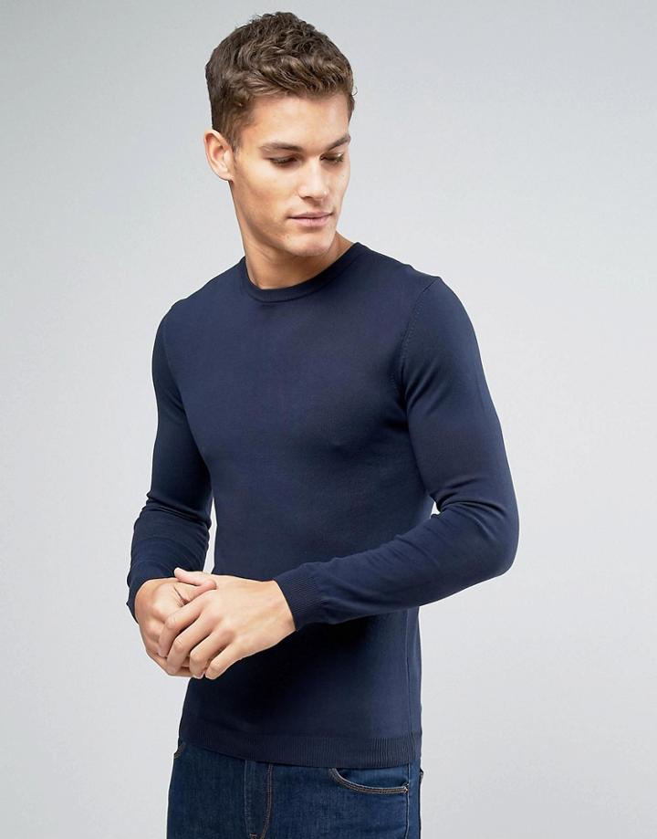 Asos Muscle Fit Cotton Crew Neck Sweater In Navy - Navy
