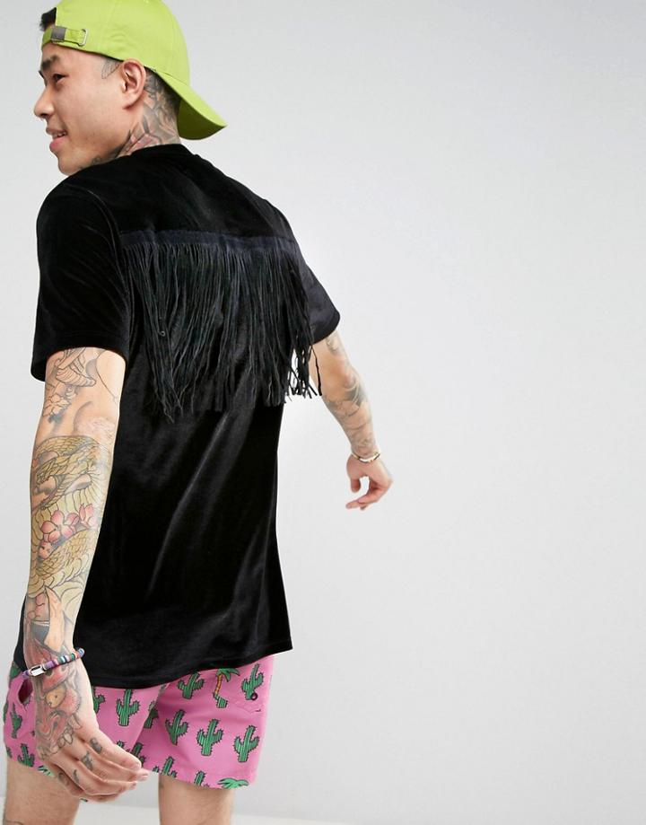 Asos Festival Longline T-shirt In Black Velour With Fringe Back - Black