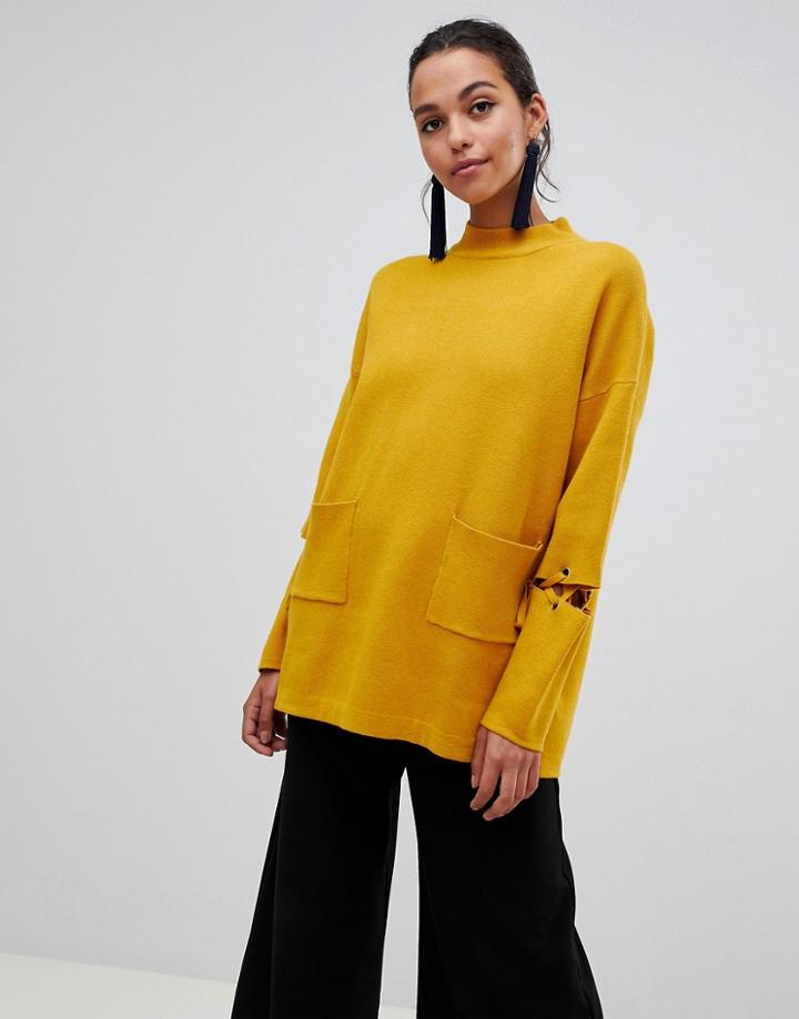 Liquorish Long Sweater With Front Pockets And Lacing Detail On Sleeves - Yellow