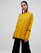 Liquorish Long Sweater With Front Pockets And Lacing Detail On Sleeves - Yellow