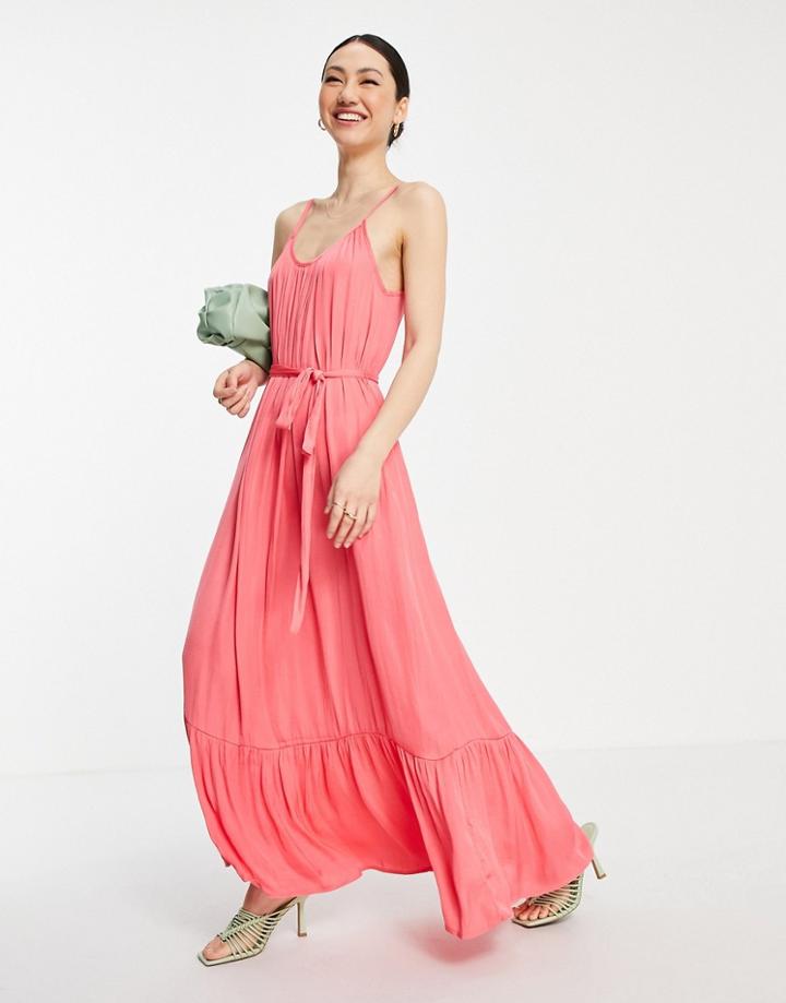 Vila Satin Maxi Cami Dress In Coral-pink