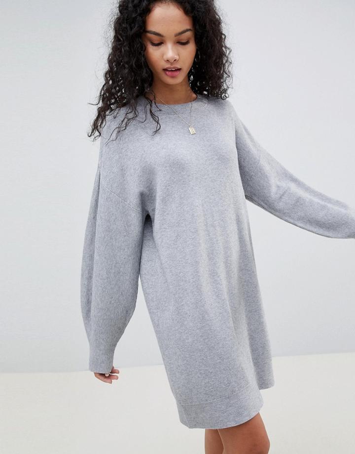Asos Design Knitted Dress With Balloon Sleeve-gray