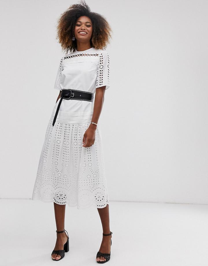 Asos Design Broderie Midi Smock Dress With Studded Belt