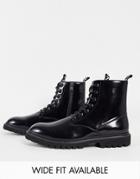 Asos Unrvlld Spply Lace Up Boots In Black Patent Faux Leather With Tape Detail