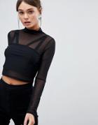 Asos Design Crop High Neck Top In Mesh With Bralette - Black