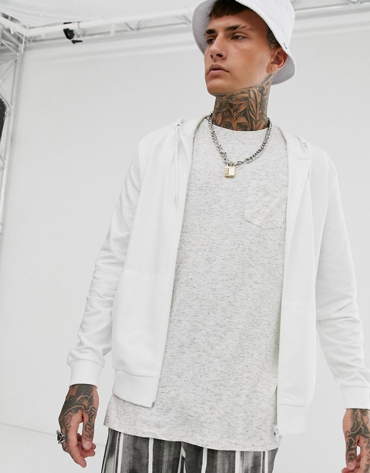 Asos Design Lightweight Zip Up Hoodie In White - White
