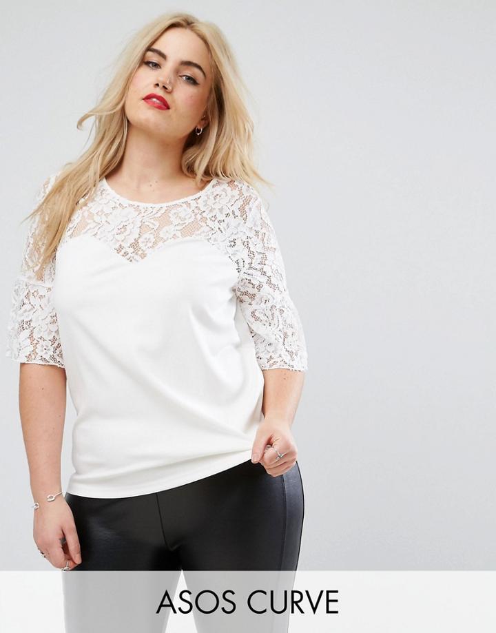 Asos Curve Occasion Top With Pretty Lace Sleeve - White
