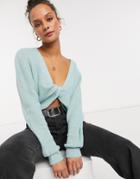 In The Style X Billie Faiers Cropped Knitted Knot-front Sweater In Sage-green
