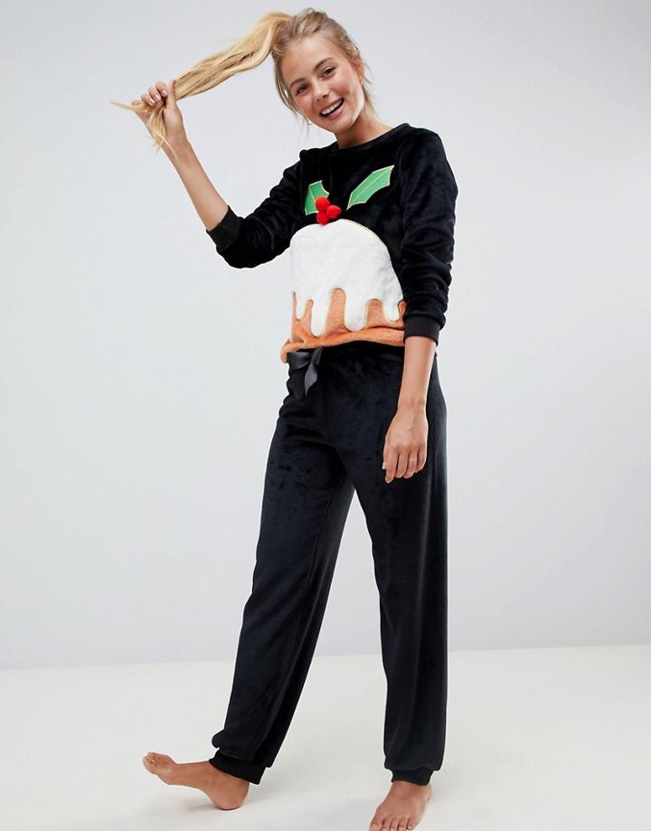 Loungeable Fluffy Fleece Holidays Pudding Twosie - Black