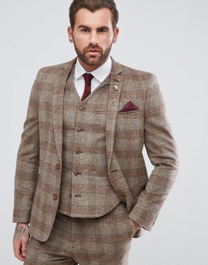 Asos Wedding Skinny Suit Jacket In Camel Wool Mix Plaid Check - Beige