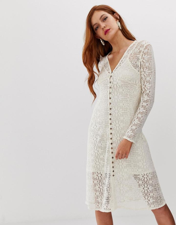Stradivarius Button Front Crochet Dress In Beige - Beige