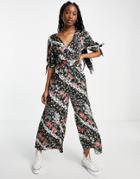 Asos Design Satin Belted Tea Jumpsuit In Mixed Print-multi