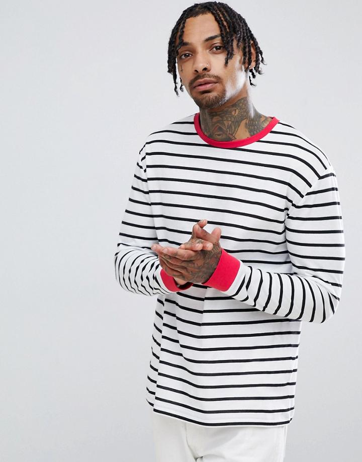 Asos Design Stripe Relaxed Long Sleeve T-shirt With Red Contrast Ribs - White