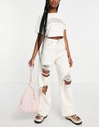 Asos Design High Rise 'relaxed' Dad Jean In Ecru With Extreme Rips-white