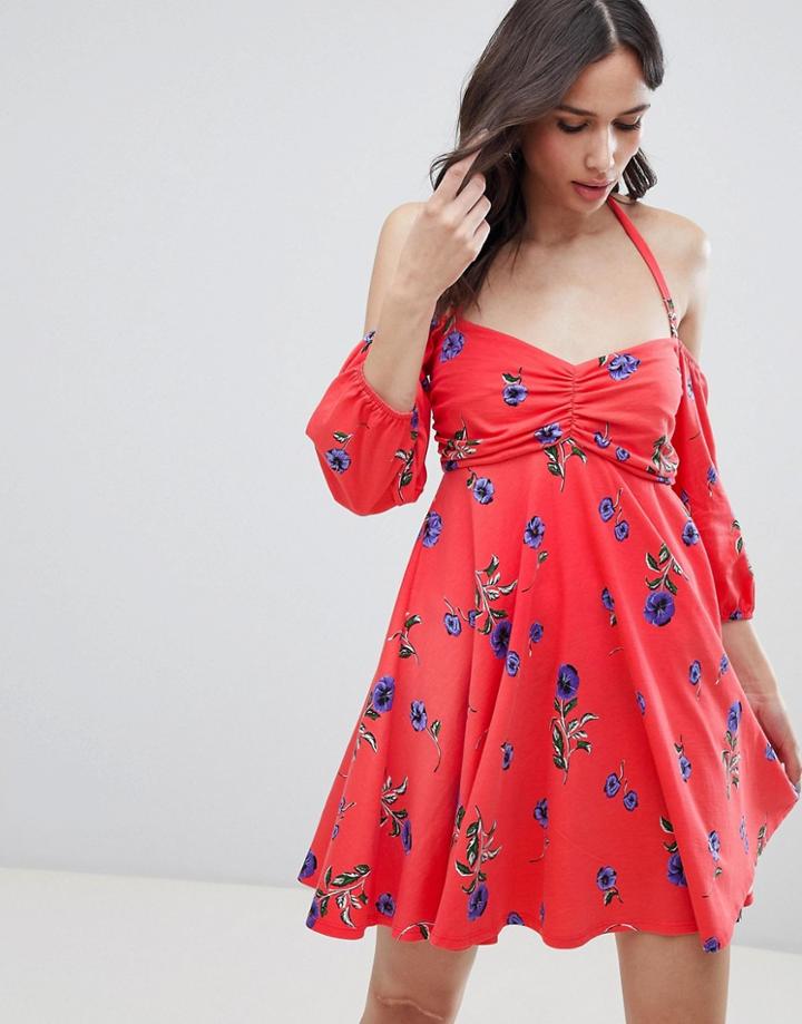Asos Design Bardot Sundress With Bubble Sleeves In Floral Print-multi