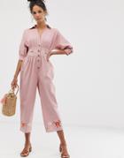 Asos Design Embroidered Linen Tea Jumpsuit-multi