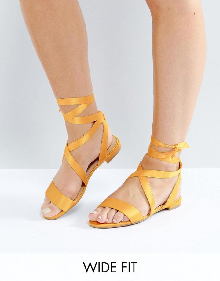 New Look Wide Fit Satin Ankle Tie Flat Sandal - Yellow