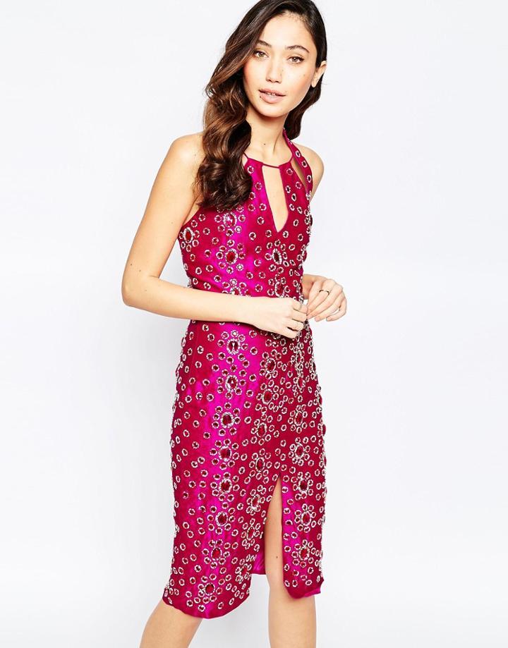 Virgo's Lounge Adrianna Jewel Encrusted Midi Dress - Pink