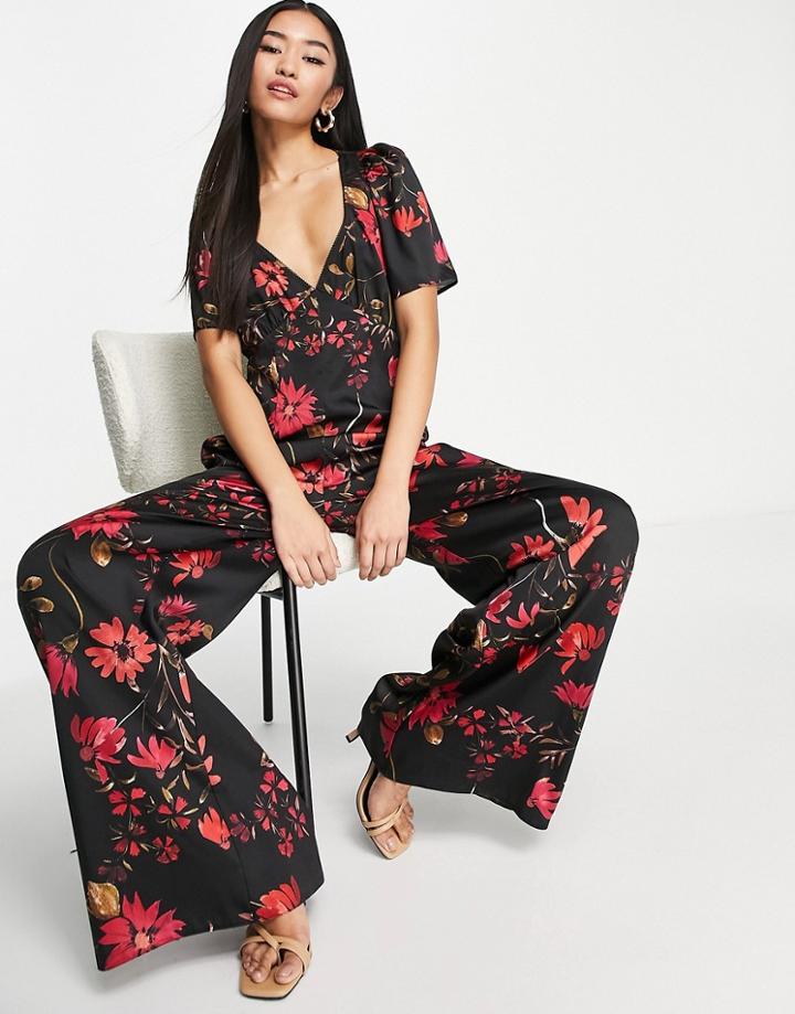 Asos Design Satin Button Back Tea Jumpsuit In Dark Floral-multi