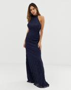 Liquorish Halterneck Maxi Dress With Lace Overlay And Trim Detail - Navy