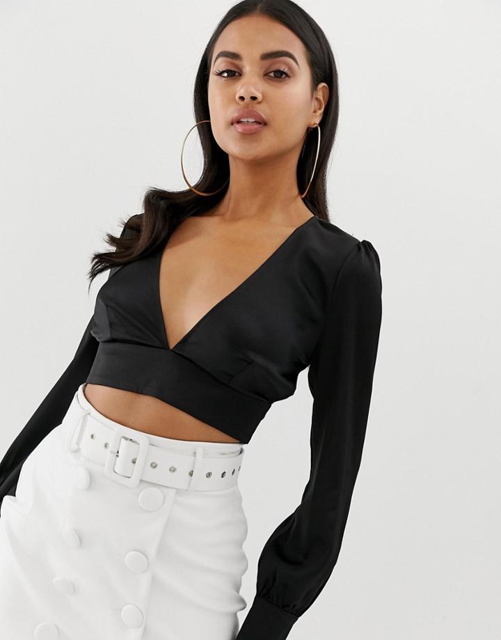 4th + Reckless Plunge Satin Top With Back Tie In Black