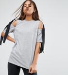 Asos Tall T-shirt With With Cold Shoulder Tie Detail - Gray