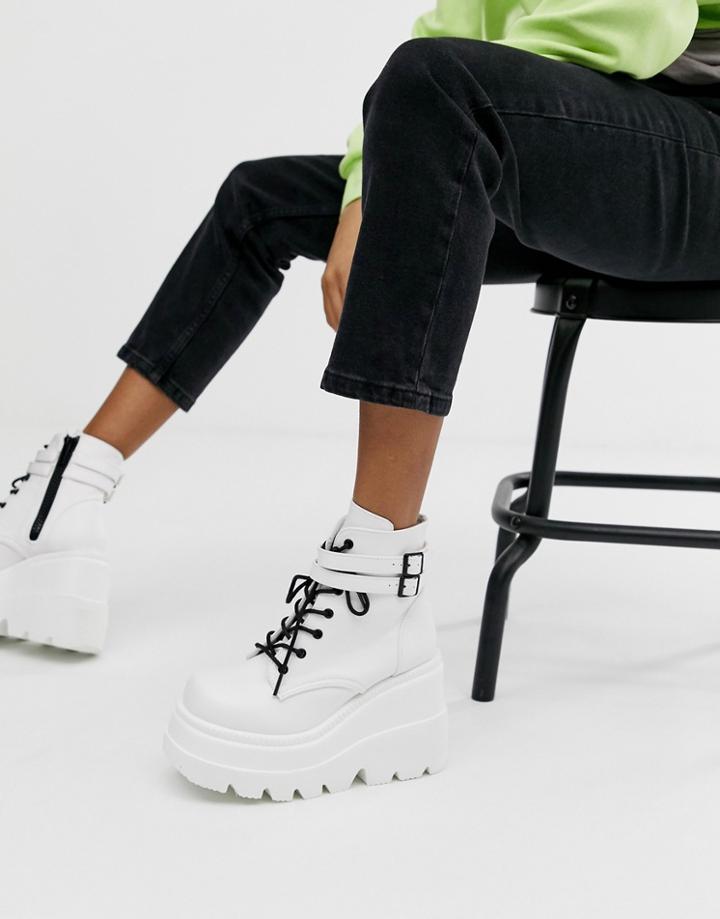 Demonia Shaker Double Buckle Chunky Flatform Boots In White - White