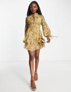 Asos Design Jacquard Chiffon High Neck Mini Dress With Pintuck Sleeve Detail In Floral Print-multi