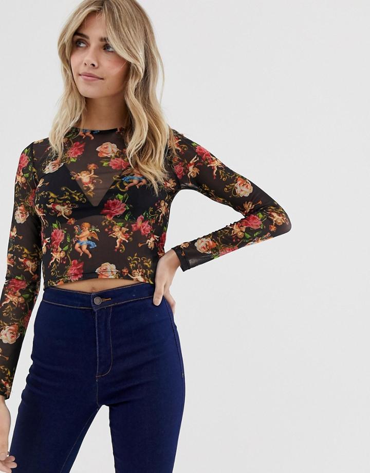 Asos Design Cherub Mesh Top With Long Sleeve - Multi