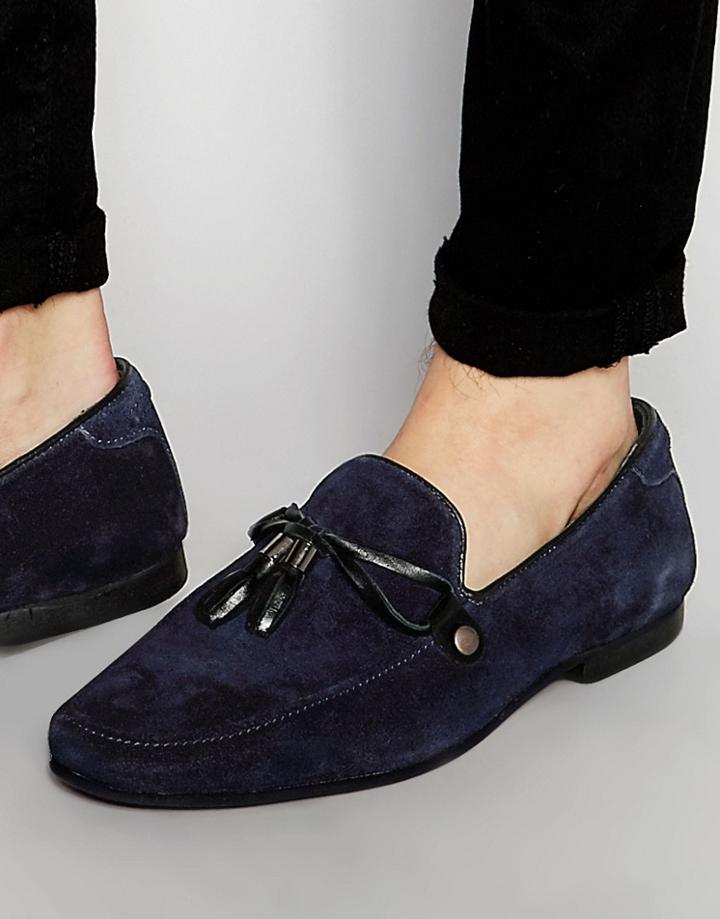 Asos Loafers In Navy Suede With Tie Front Tassel - Navy