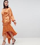 Asos Design Curve Soft Floral Jacquard Midi Dress With Asymmetric Hem - Orange