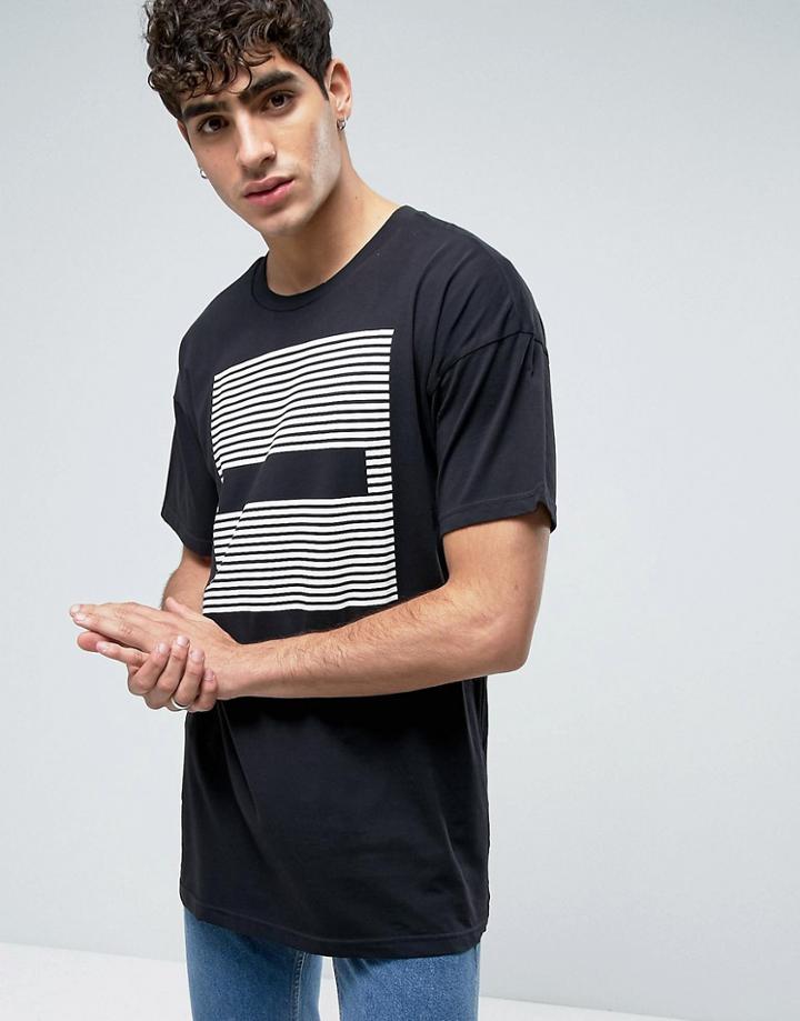 Dr Denim Marlon Long Line T-shirt Black Stripes Dash - Black