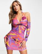 Naanaa Halter Neck Ruched Mini Dress With Sleeves In Purple Marble-multi