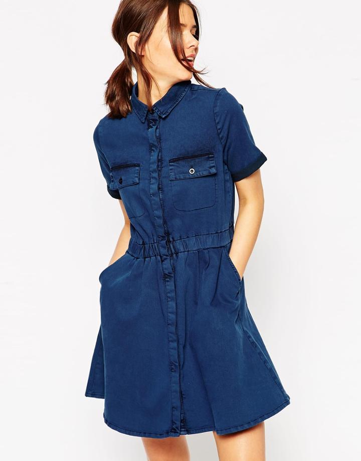 Asos Denim Patch Pocket Skater Dress - Dark Blue