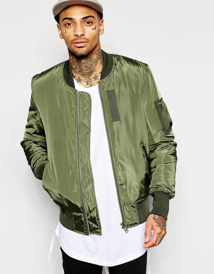 Asos Bomber With Ma1 Pocket In Khaki - Khaki
