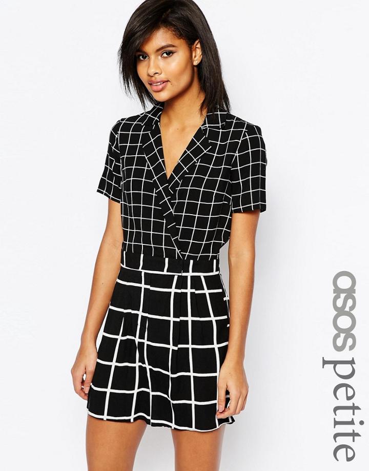 Asos Petite Grid Romper With Wrap Front - Mono