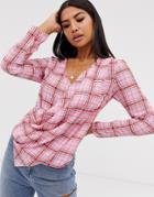 Asos Design Long Sleeve Top With Wrap Plunge Neck In Check Print-multi
