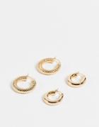 Asos Design Pack Of 2 Hoop Earrings In Chubby Plain And Ribbed In Gold Tone