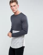 Asos Longline Long Sleeve T-shirt In Mixed Textured Fabric With Rose Gold Side Zips - Gray