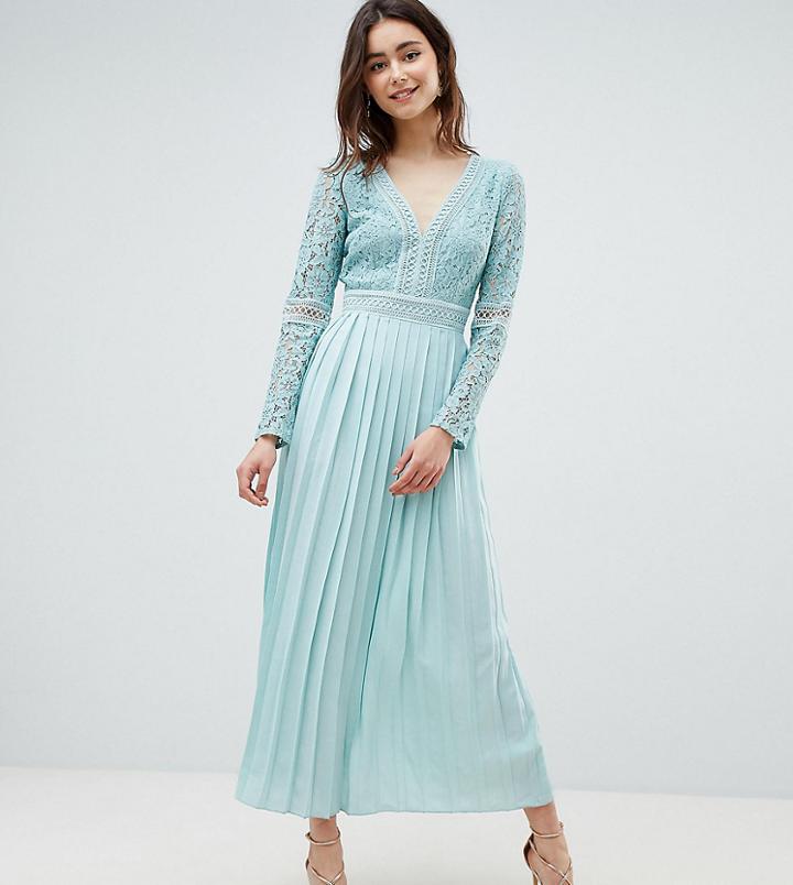 Little Mistress Tall Lace Top Midi Skater Dress With Pleated Skirt In Spearmint - Green